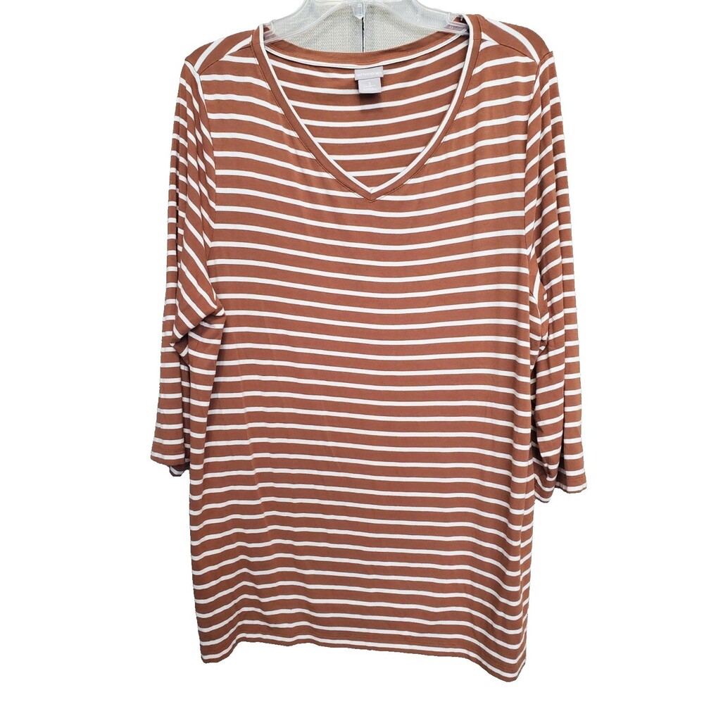 Chico's Jersey Knit Brown Striped V-Neck 3/4 Sleeve Tunic Size 3 (XL)